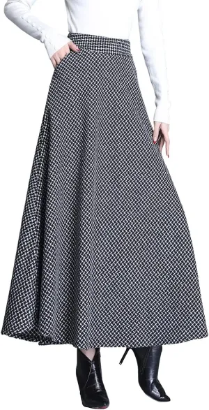 Women's Winter Houndstooth Long Skirt Elegant High Waist Warm Wool Elastic Waist Maxi Pleated Skirt S-3XL