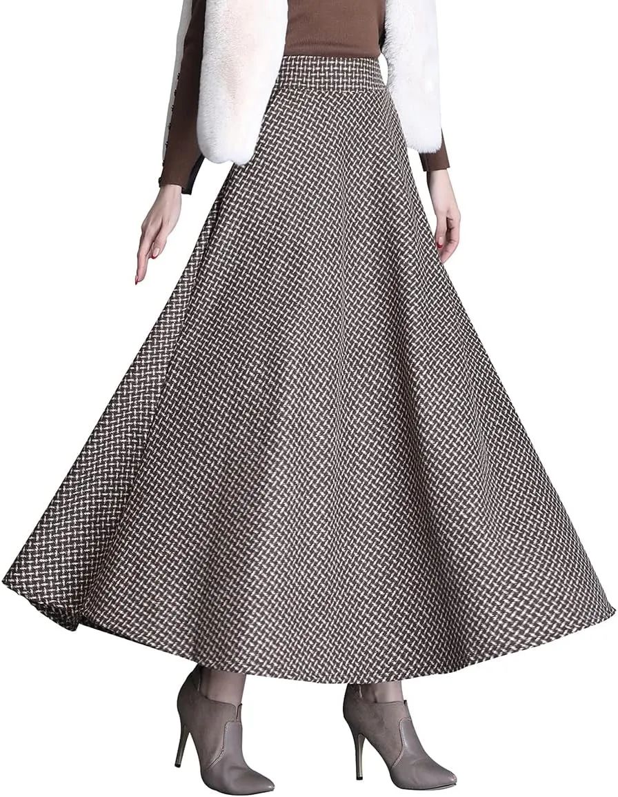 Women's Winter Houndstooth Long Skirt Elegant High Waist Warm Wool Elastic Waist Maxi Pleated Skirt S-3XL