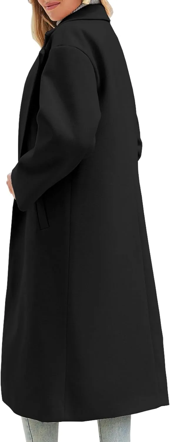 Women's Winter Wool Coat Notch Lapel Single Breasted Casual Mid Long Pea Trench Coat
