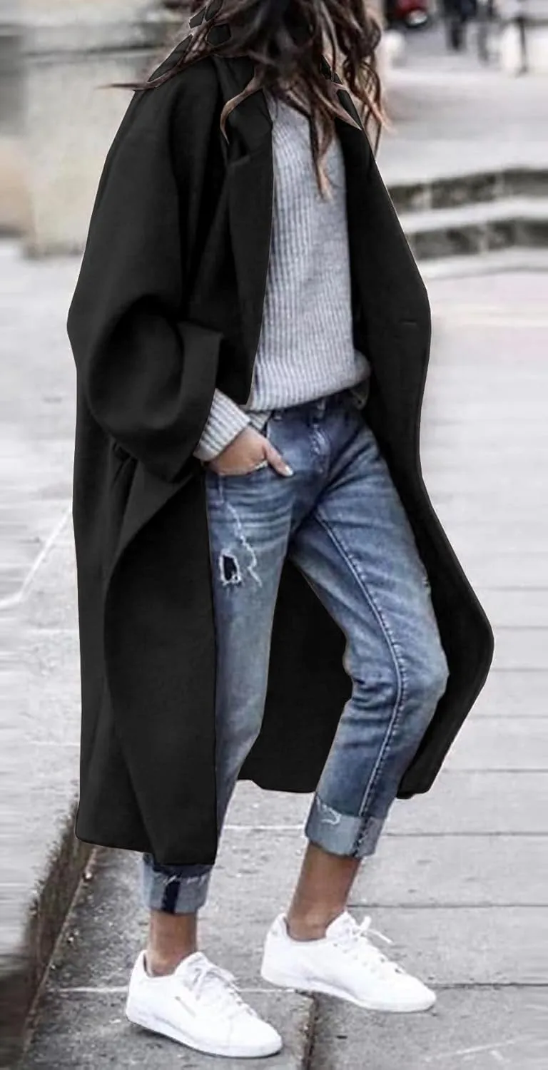 Women's Winter Wool Coat Notch Lapel Single Breasted Casual Mid Long Pea Trench Coat