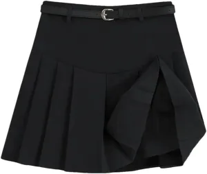 Women's with Belt A Line Pleated Skirts High Waisted Solid Mini Skirt