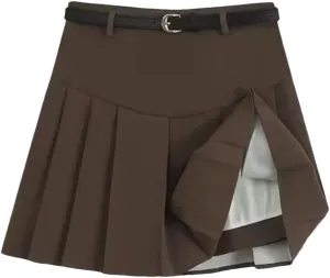 Women's with Belt A Line Pleated Skirts High Waisted Solid Mini Skirt