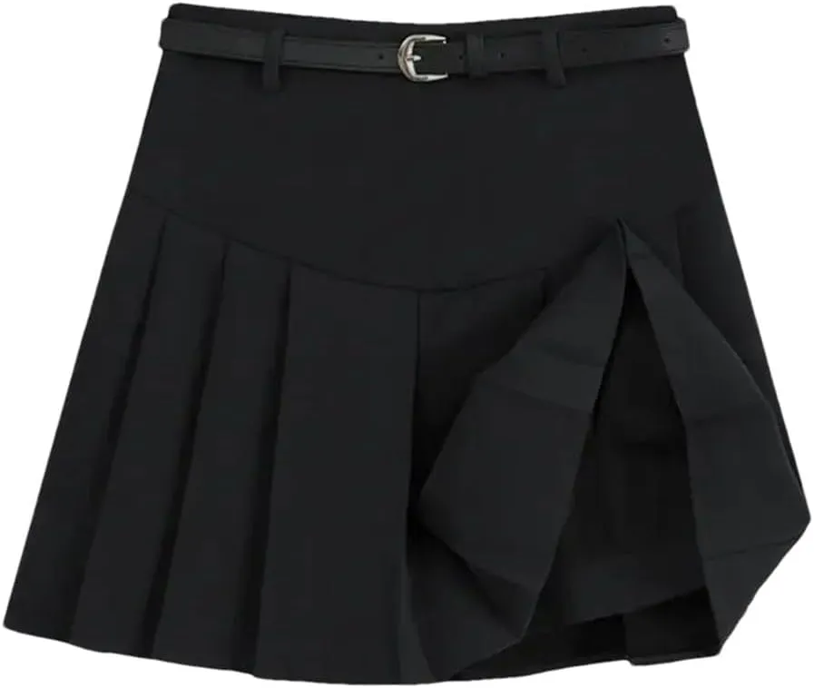 Women's with Belt A Line Pleated Skirts High Waisted Solid Mini Skirt