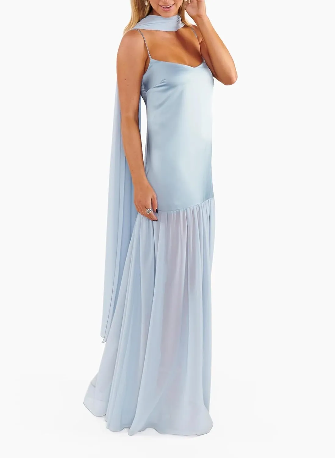 Womens Y2k Tube Strapless Pleated Maxi Dress with Scarf Maternity Silk Satin Formal Cocktail Ruffle Flowy Dresses