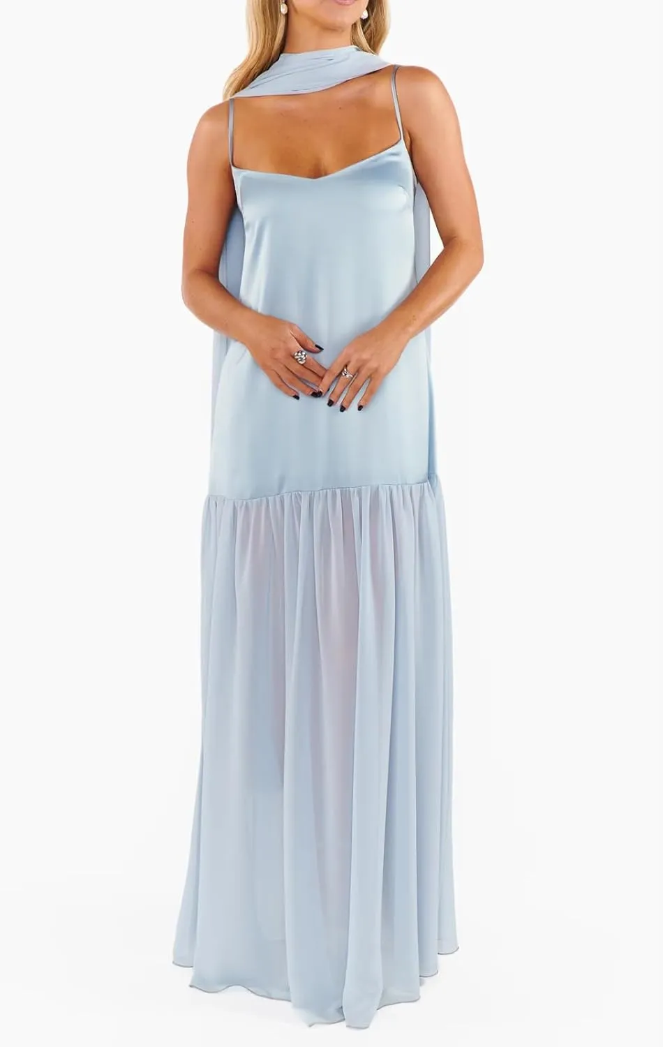 Womens Y2k Tube Strapless Pleated Maxi Dress with Scarf Maternity Silk Satin Formal Cocktail Ruffle Flowy Dresses