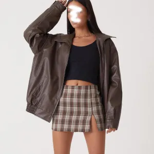 Women's Y2K Vintage Oversized Jacket Altnertive Cyber Punk Crop PU Leather Coat Grunge Aesthetics Lapel Long Sleeve Top