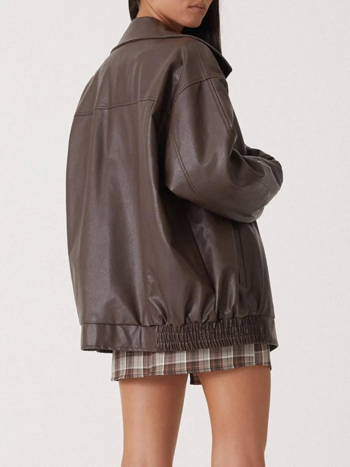 Women's Y2K Vintage Oversized Jacket Altnertive Cyber Punk Crop PU Leather Coat Grunge Aesthetics Lapel Long Sleeve Top