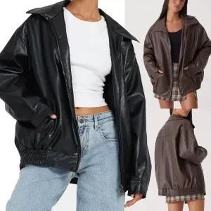 Women's Y2K Vintage Oversized Jacket Altnertive Cyber Punk Crop PU Leather Coat Grunge Aesthetics Lapel Long Sleeve Top