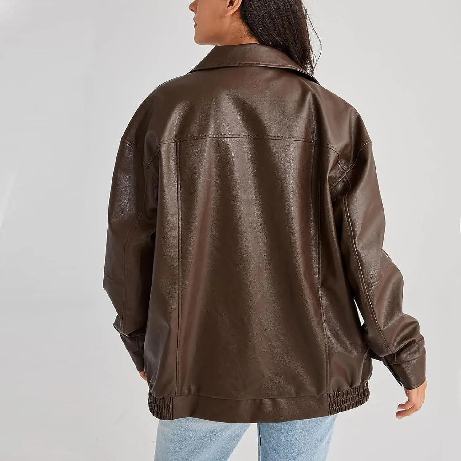 Women's Y2K Vintage Oversized Jacket Altnertive Cyber Punk Crop PU Leather Coat Grunge Aesthetics Lapel Long Sleeve Top