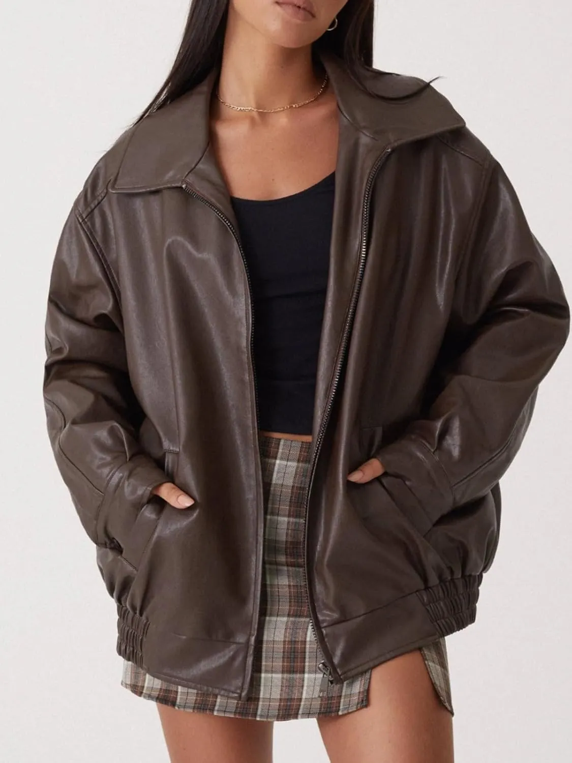 Women's Y2K Vintage Oversized Jacket Altnertive Cyber Punk Crop PU Leather Coat Grunge Aesthetics Lapel Long Sleeve Top