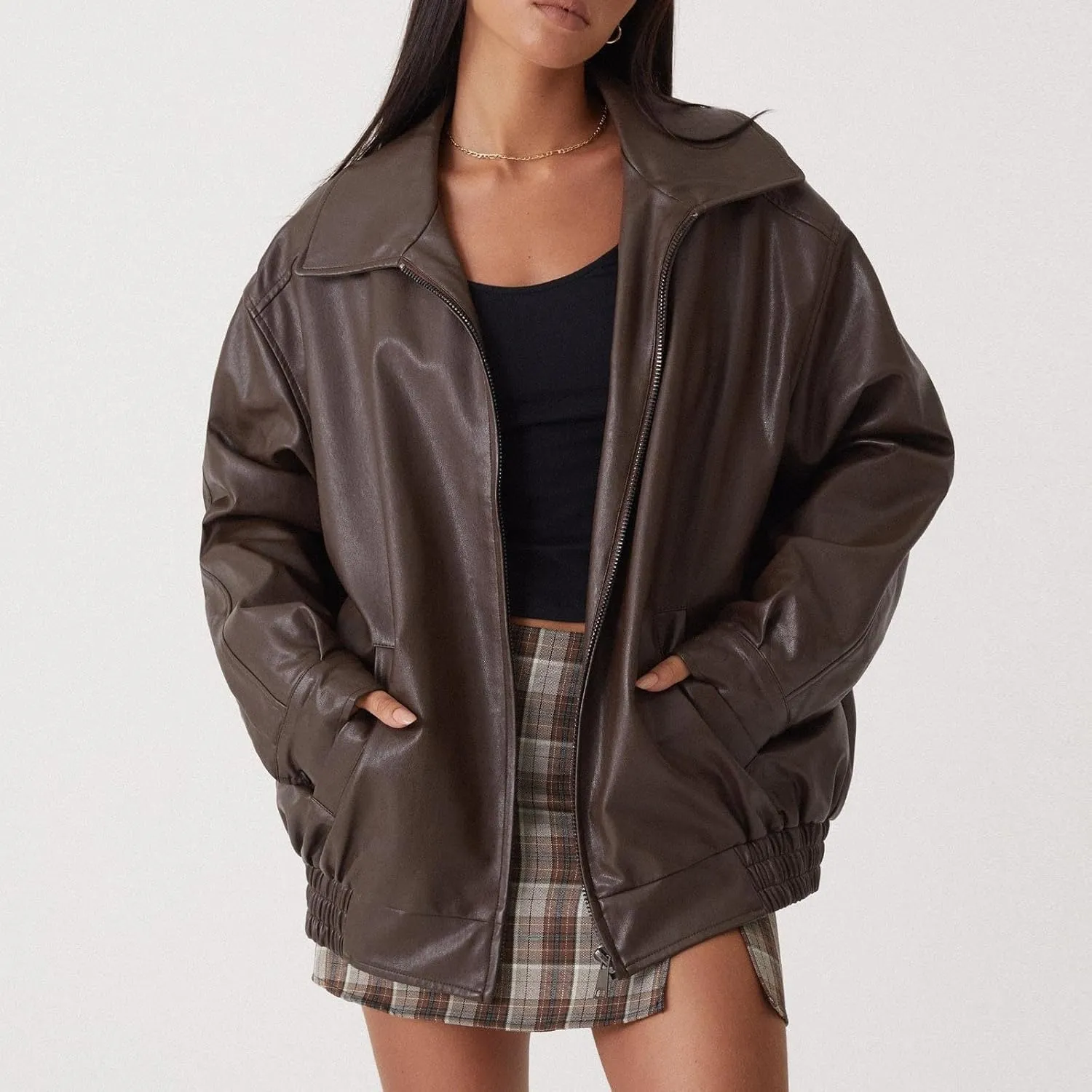 Women's Y2K Vintage Oversized Jacket Altnertive Cyber Punk Crop PU Leather Coat Grunge Aesthetics Lapel Long Sleeve Top