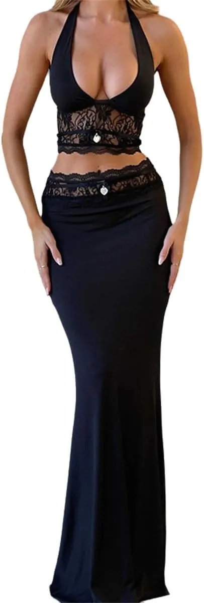 Wuitrie Maxi Skirt Set Women 2 Piece Outfits Off Shoulder Backless Sexy Lace Crop Tops Maxi Skirt Going Out Vacation Sets