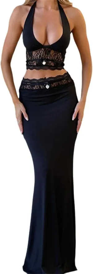Wuitrie Maxi Skirt Set Women 2 Piece Outfits Off Shoulder Backless Sexy Lace Crop Tops Maxi Skirt Going Out Vacation Sets