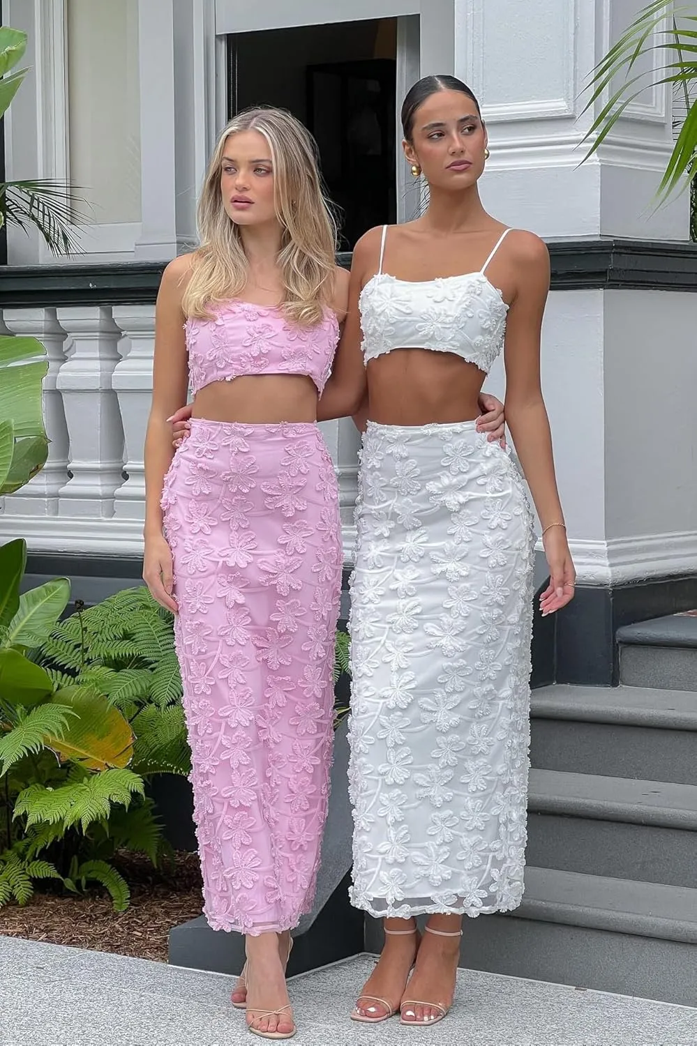 Wuitrie Women 2 Piece Outfit Off the Shoulder Backless Sexy Crop Tops Maxi Skirt Going Out Vacation Sets for Women