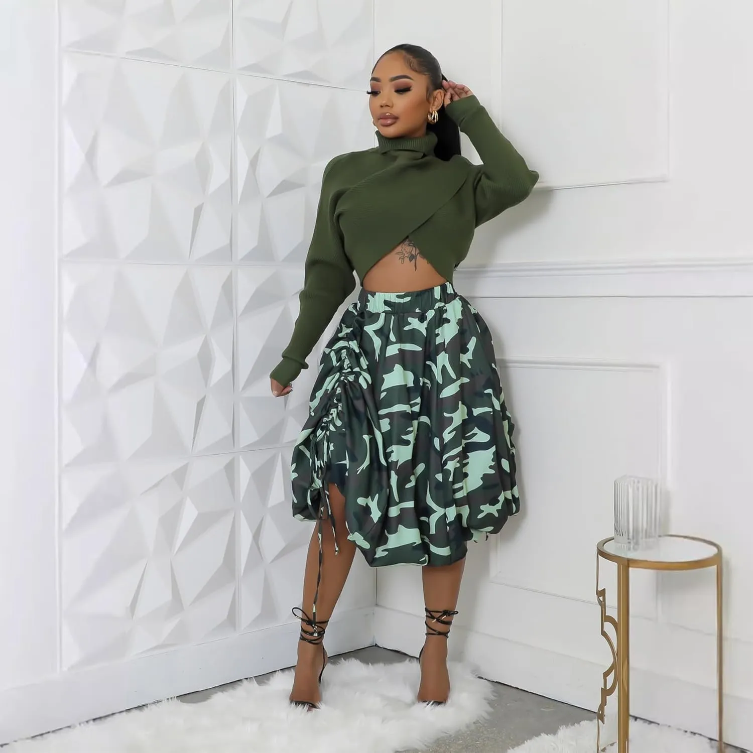 Wuitrie Women Long Skirt Camouflage Leopard High Waist Pleated Drawstring Puffy Midi Skirt Casual Outfits for Women