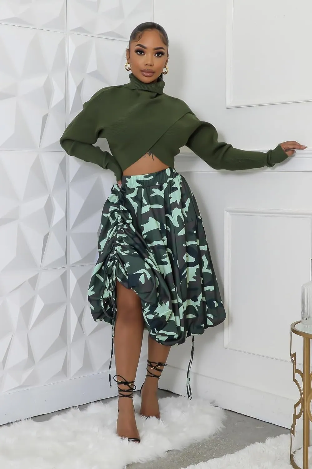 Wuitrie Women Long Skirt Camouflage Leopard High Waist Pleated Drawstring Puffy Midi Skirt Casual Outfits for Women