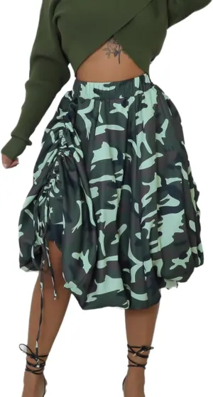 Wuitrie Women Long Skirt Camouflage Leopard High Waist Pleated Drawstring Puffy Midi Skirt Casual Outfits for Women