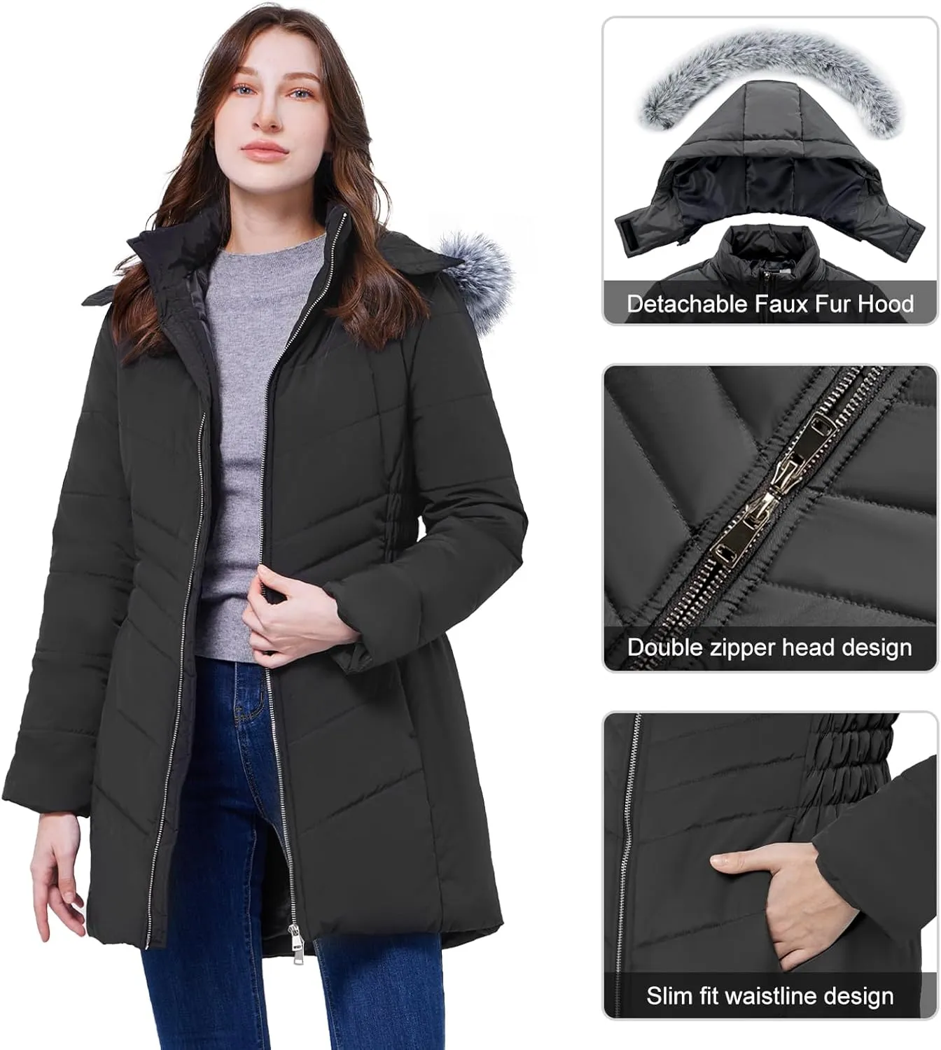 WULFUL Women's Winter Coats Long Warm Thicken Puffer Jackets Outwear With Removable Fur Hood