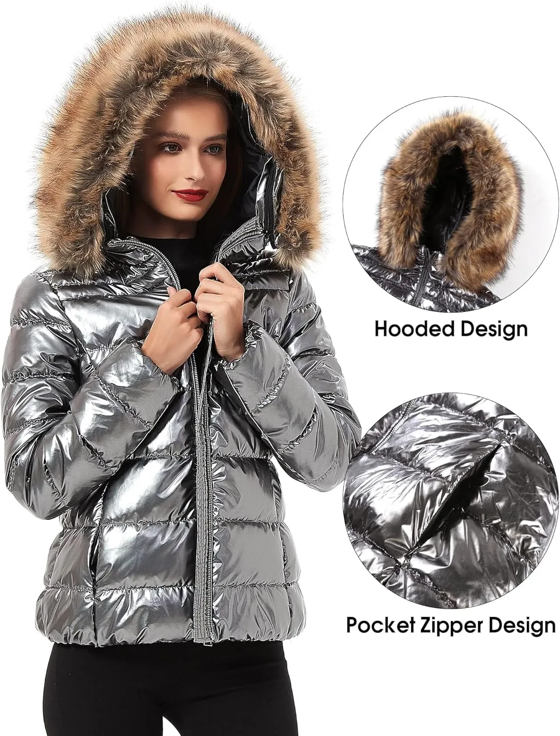 XULIKU Women's Lightweight Puffer Down Jacket Hooded Zipper Padding Winter Short Bubble Coats for Women