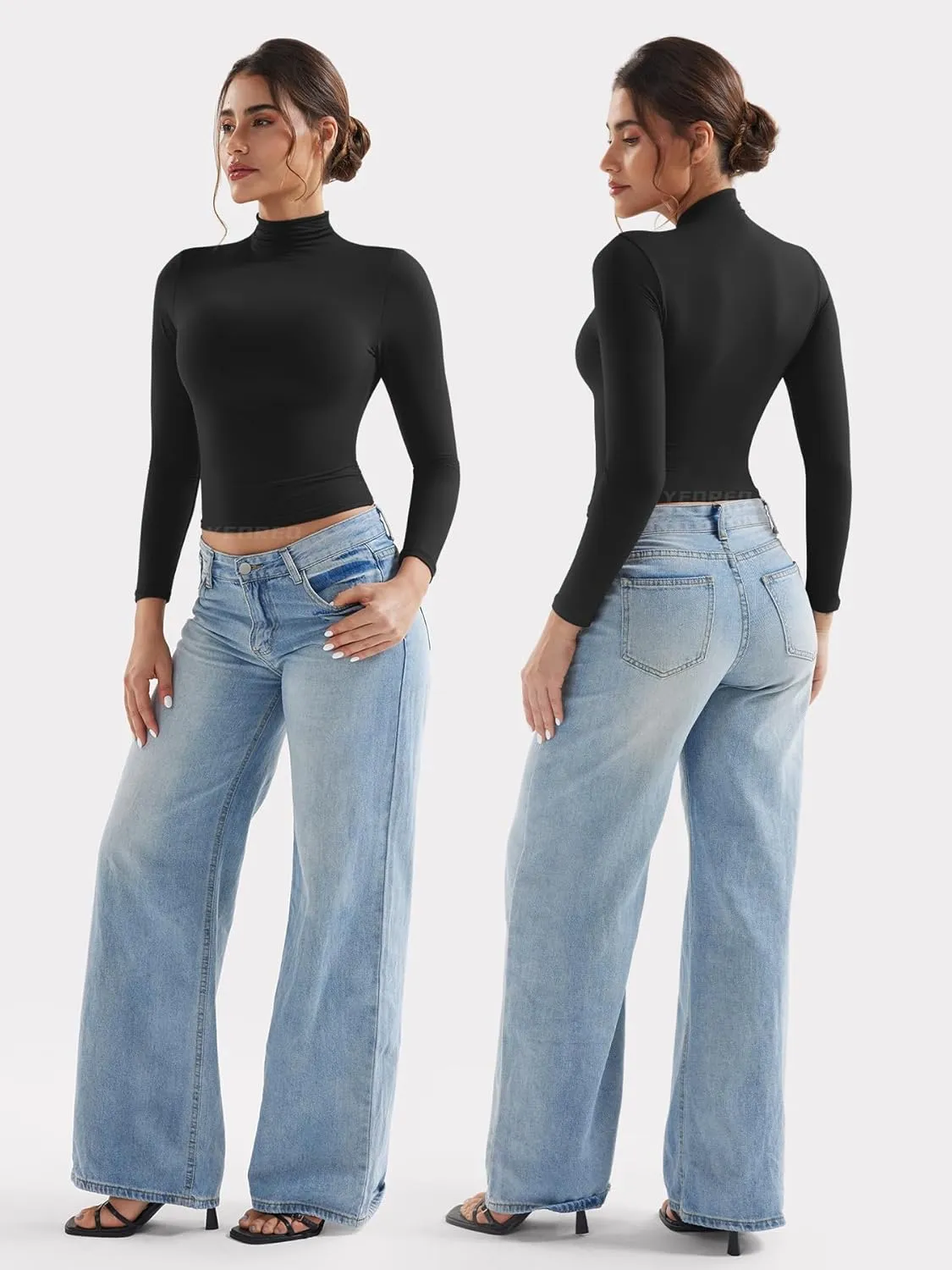 YEOREO Long Sleeve Workout Crop Mock Thermal Turtle Neck Double Lined Base Tops Shirts Women Sariah Y2k Undershirt