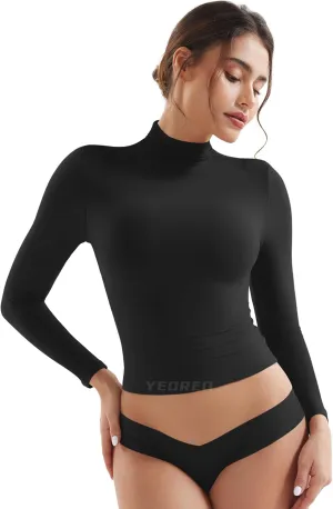 YEOREO Long Sleeve Workout Crop Mock Thermal Turtle Neck Double Lined Base Tops Shirts Women Sariah Y2k Undershirt