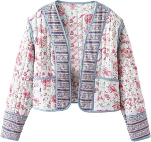 Yimoon Women's Quilted Jacket Lightweight Floral Print Cropped Puffer Coat Short Padded Open Front Winter Outwear