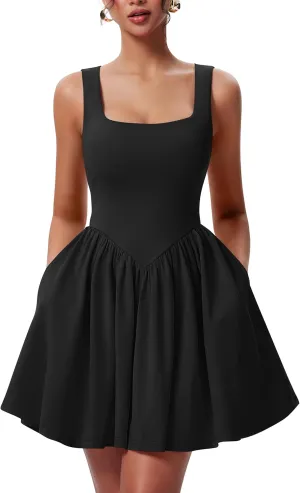 YMDUCH Women's Summer Sleeveless Square Neck A-line Ruffle Hem Mini Tank Dress with Pockets