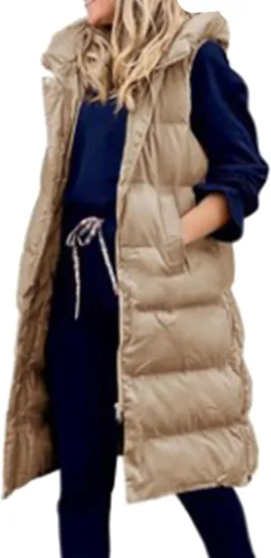 YMING Womens Winter Long Puffer Vest Sleeveless Solid Color Vest Coats Puffy Jacket with Hood