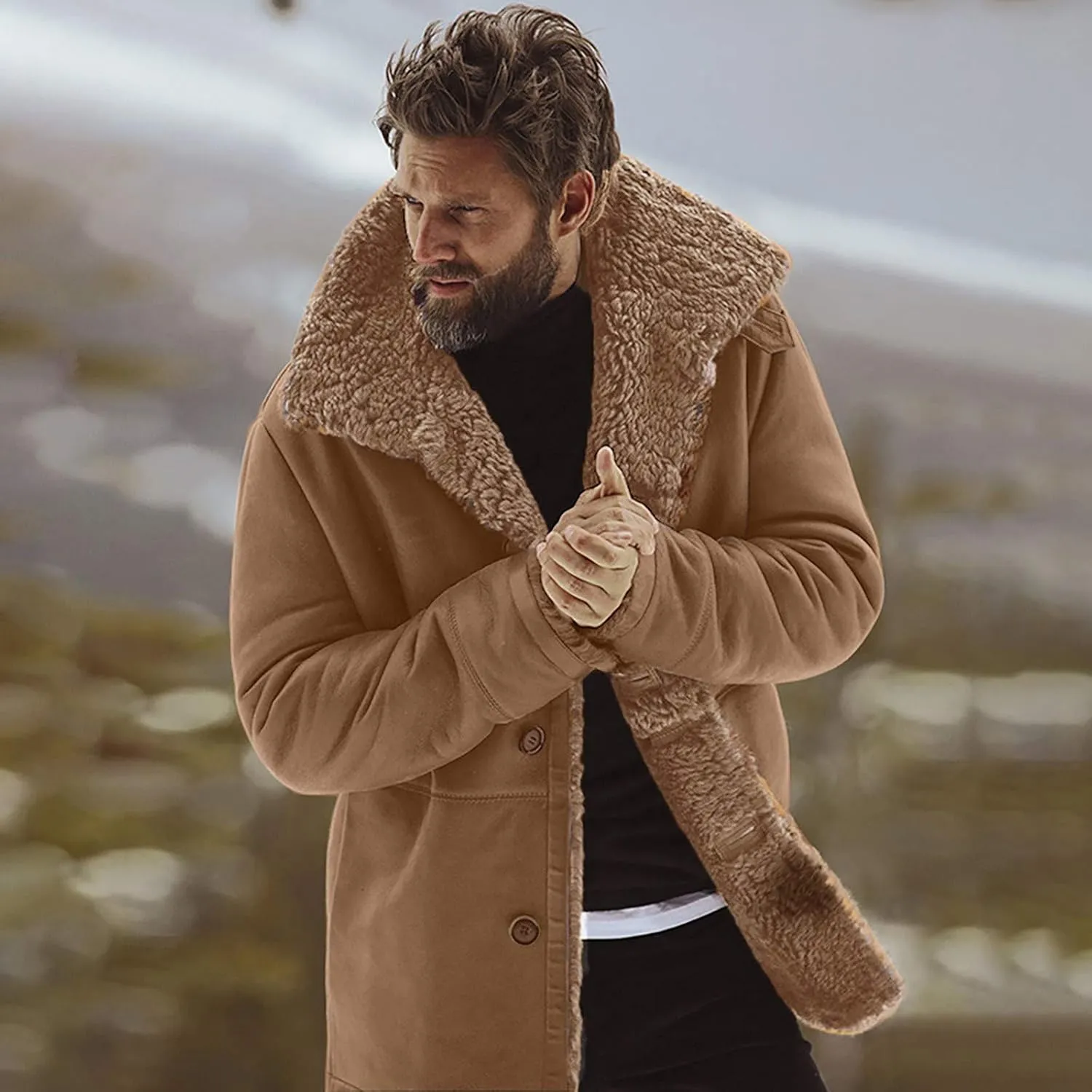 Ymosrh Mens Leather Jacket Winter Sheepskin Jacket Warm Wool Lined Mountain Faux Lamb Jackets Coat Coats for Men