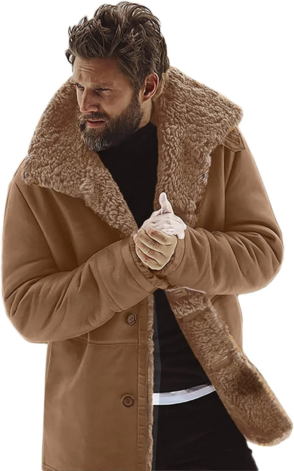 Ymosrh Mens Leather Jacket Winter Sheepskin Jacket Warm Wool Lined Mountain Faux Lamb Jackets Coat Coats for Men
