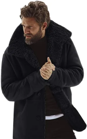 Ymosrh Mens Leather Jacket Winter Sheepskin Jacket Warm Wool Lined Mountain Faux Lamb Jackets Coat Flannel Jacket