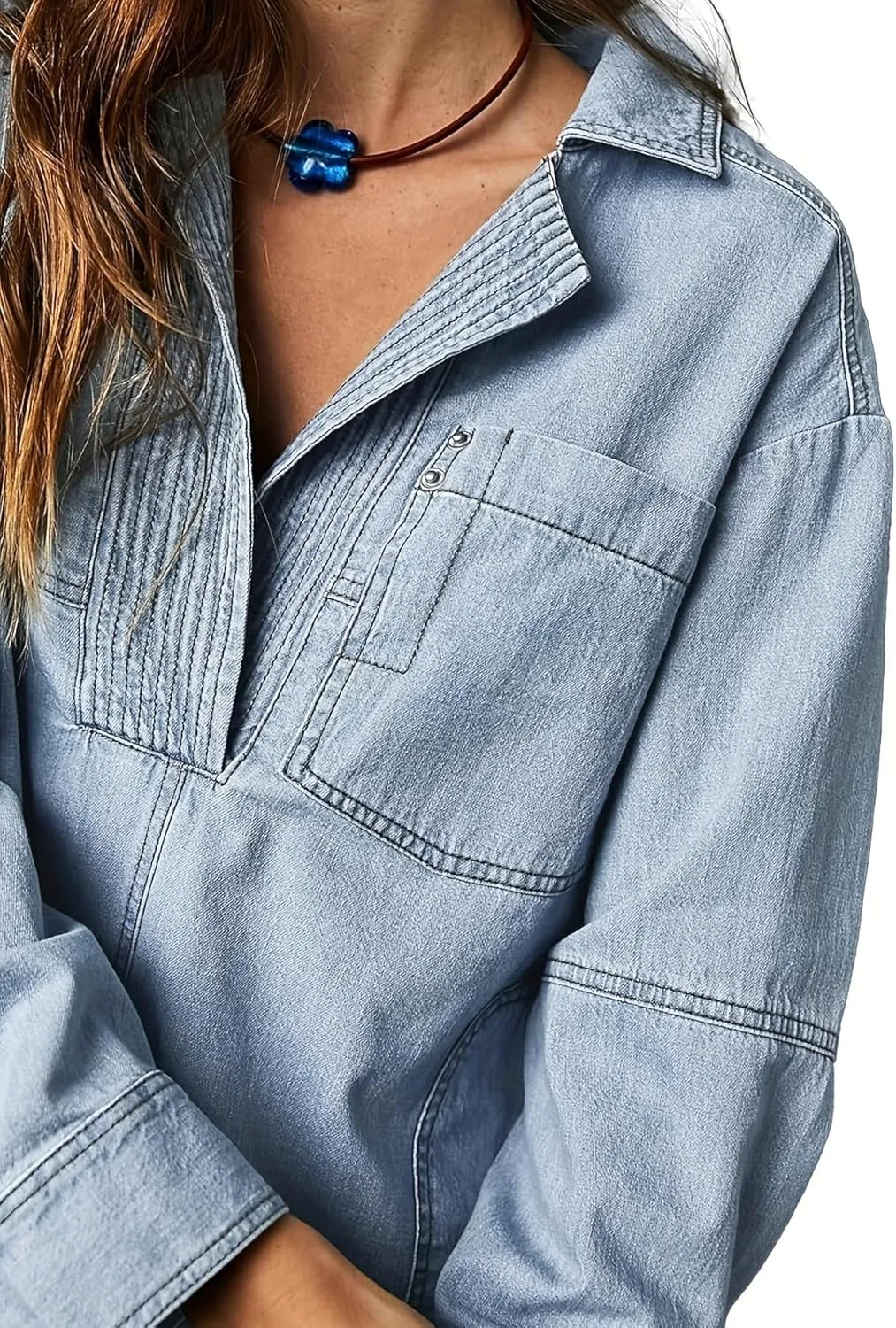 yoeasy Women's Denim Pullover Oversized V Neck Jean Shirt Loose Fit Long Sleeve Denim Jacket With Pocket
