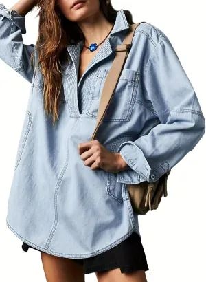 yoeasy Women's Denim Pullover Oversized V Neck Jean Shirt Loose Fit Long Sleeve Denim Jacket With Pocket