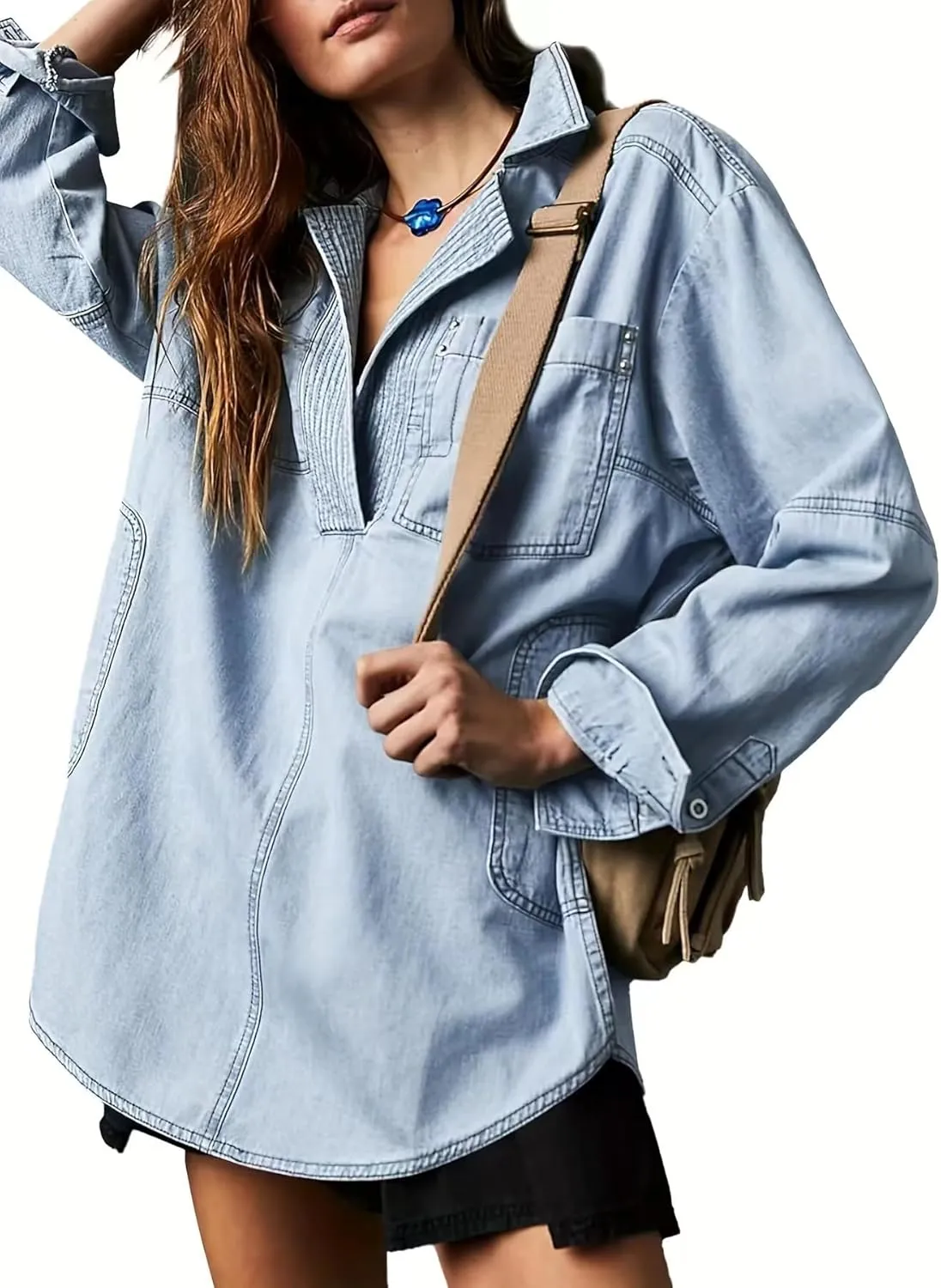 yoeasy Women's Denim Pullover Oversized V Neck Jean Shirt Loose Fit Long Sleeve Denim Jacket With Pocket