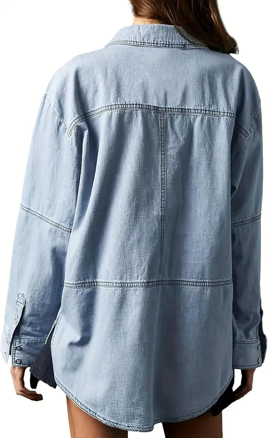 yoeasy Women's Denim Pullover Oversized V Neck Jean Shirt Loose Fit Long Sleeve Denim Jacket With Pocket