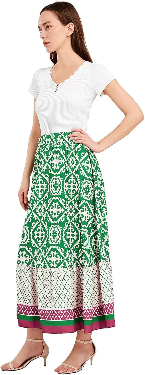yoeasy Women's Printed Pleated Hem Long Skirt Elastic High Waist Flowy Swing A Line Long Skirt