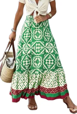 yoeasy Women's Printed Pleated Hem Long Skirt Elastic High Waist Flowy Swing A Line Long Skirt
