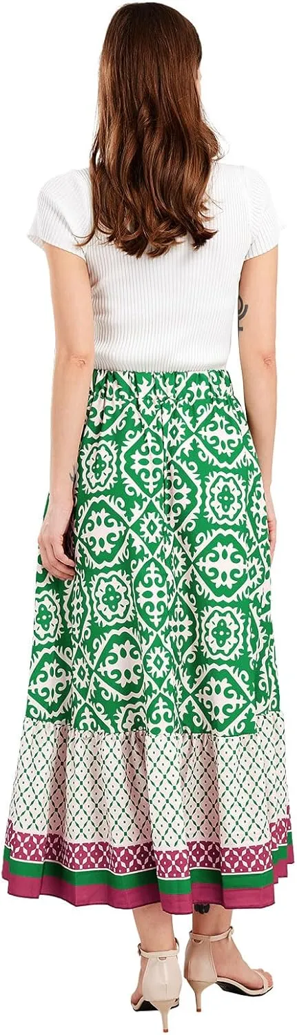 yoeasy Women's Printed Pleated Hem Long Skirt Elastic High Waist Flowy Swing A Line Long Skirt