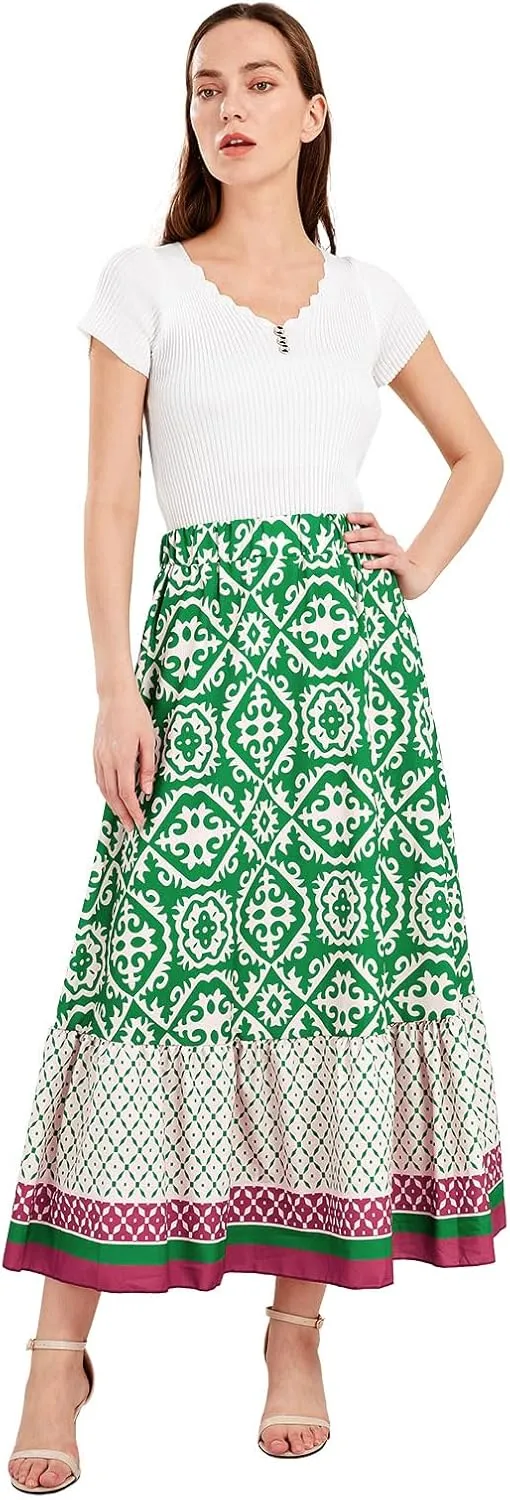 yoeasy Women's Printed Pleated Hem Long Skirt Elastic High Waist Flowy Swing A Line Long Skirt