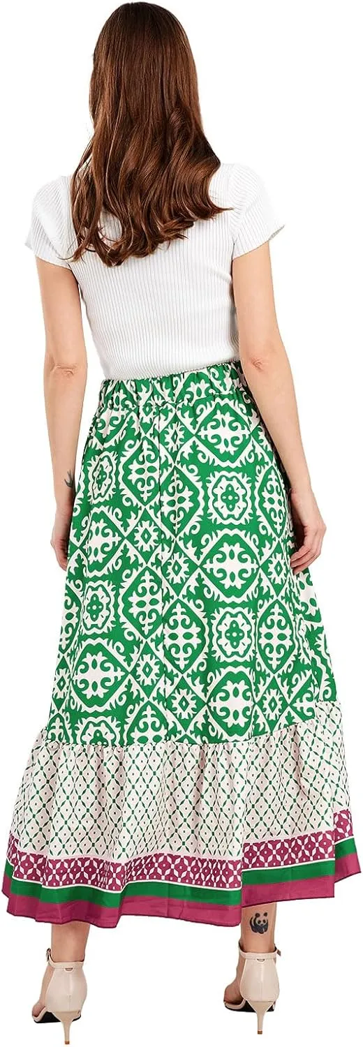 yoeasy Women's Printed Pleated Hem Long Skirt Elastic High Waist Flowy Swing A Line Long Skirt