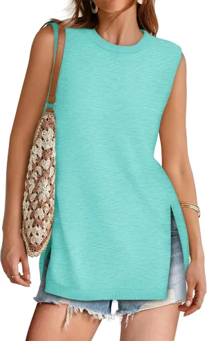 Yousify Women's Summer Tank Tops Crew Neck Sweater Vest 2025 Casual Sleeveless Knit Trendy Tunic Top XS-2XL