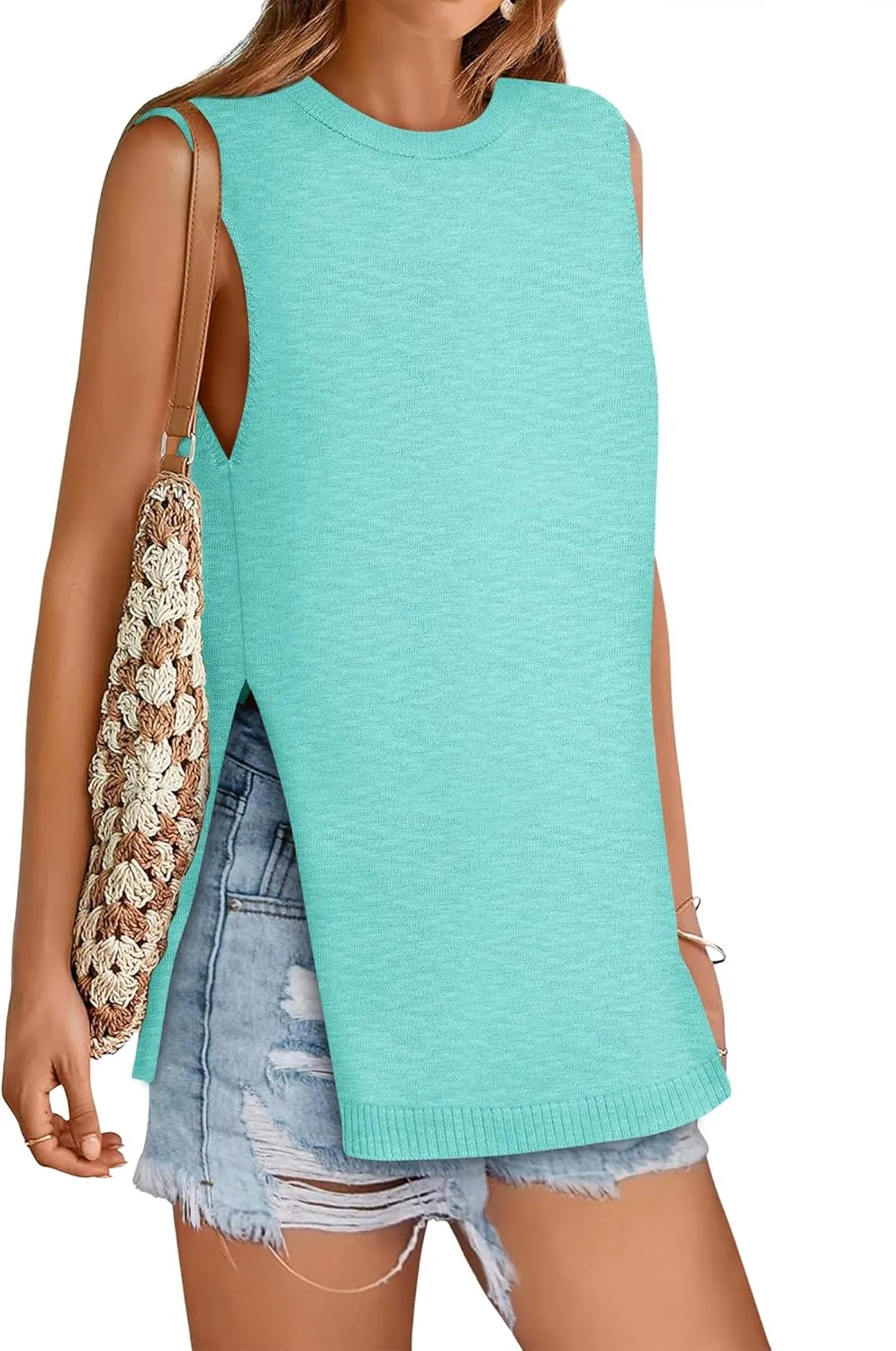 Yousify Women's Summer Tank Tops Crew Neck Sweater Vest 2025 Casual Sleeveless Knit Trendy Tunic Top XS-2XL
