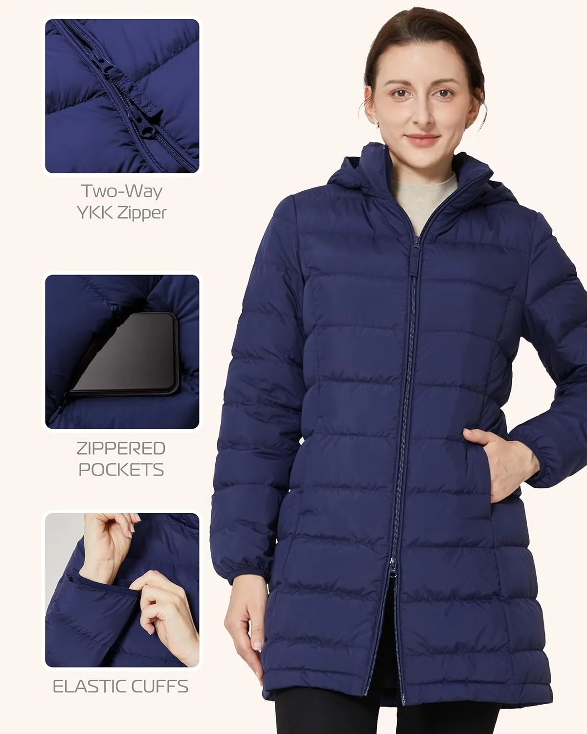 YZG Women's Warm Lightweight Long Down Jacket Warm Quilted Puffer Coat with Hood Removable