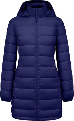 YZG Women's Warm Lightweight Long Down Jacket Warm Quilted Puffer Coat with Hood Removable