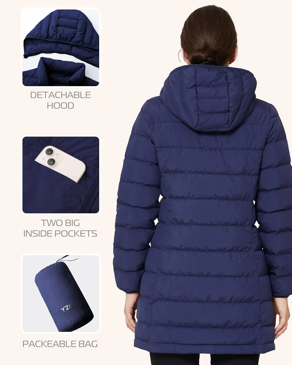 YZG Women's Warm Lightweight Long Down Jacket Warm Quilted Puffer Coat with Hood Removable