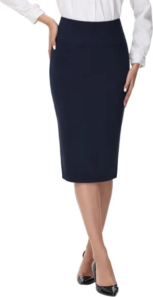 ZTN Skirts for Women Stretch High Waist Pencil Skirt Bodycon Business Skirt with Back Slit Below Knee
