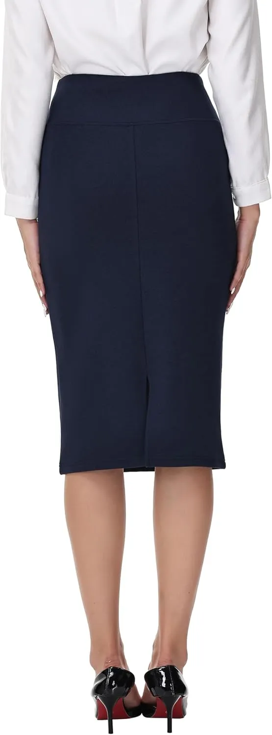ZTN Skirts for Women Stretch High Waist Pencil Skirt Bodycon Business Skirt with Back Slit Below Knee