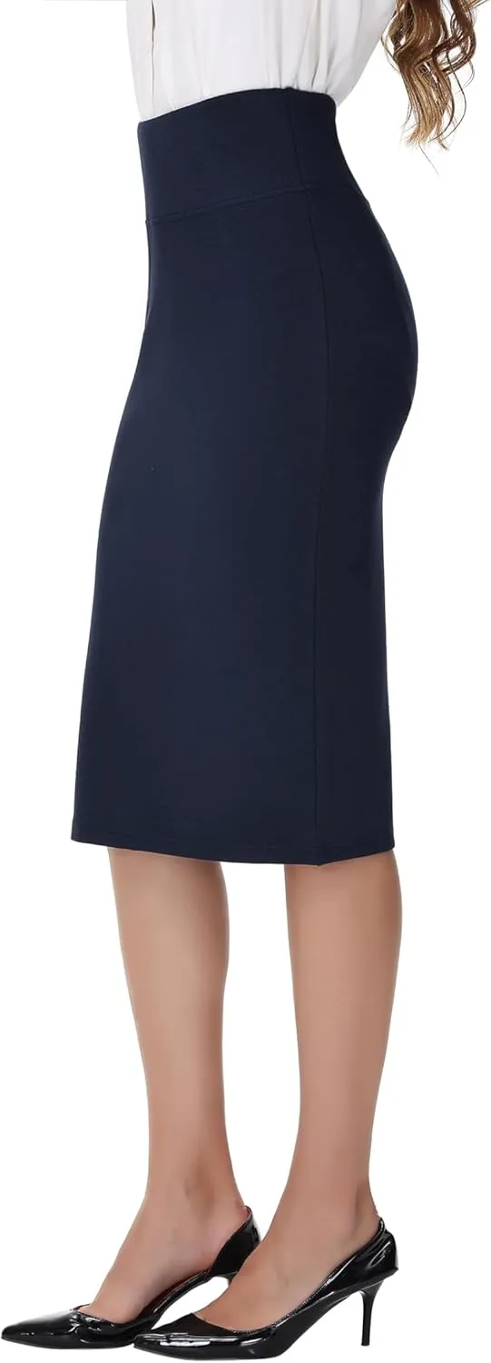 ZTN Skirts for Women Stretch High Waist Pencil Skirt Bodycon Business Skirt with Back Slit Below Knee