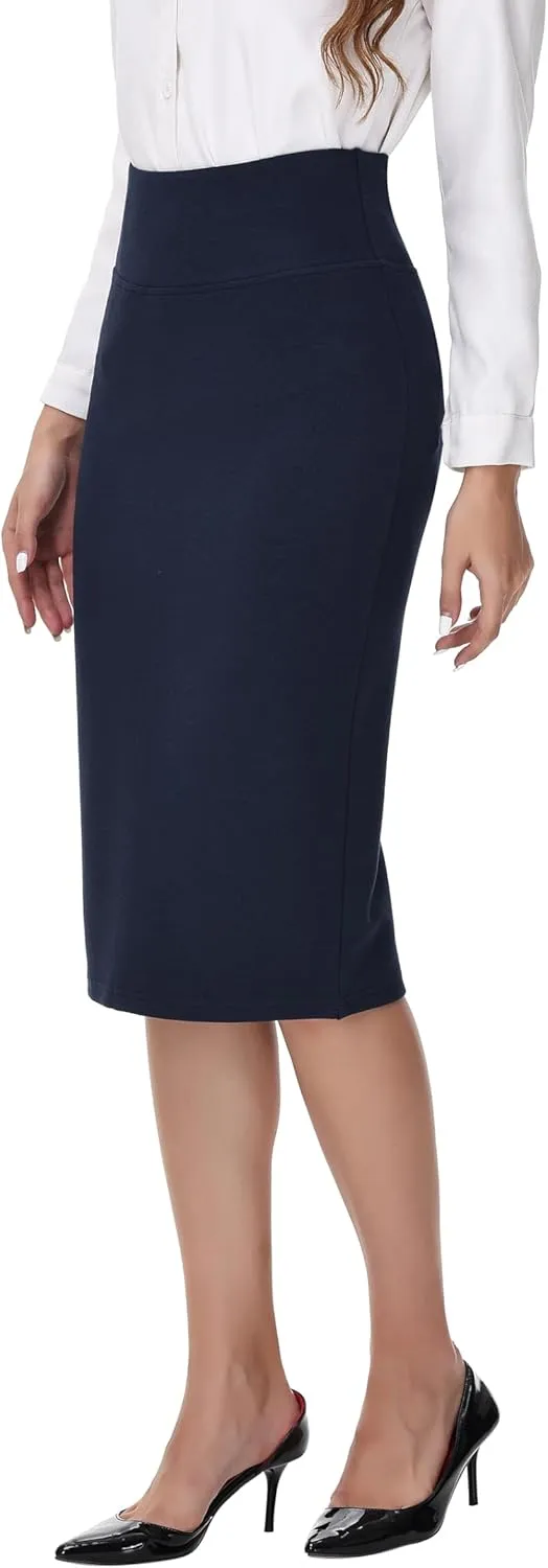 ZTN Skirts for Women Stretch High Waist Pencil Skirt Bodycon Business Skirt with Back Slit Below Knee