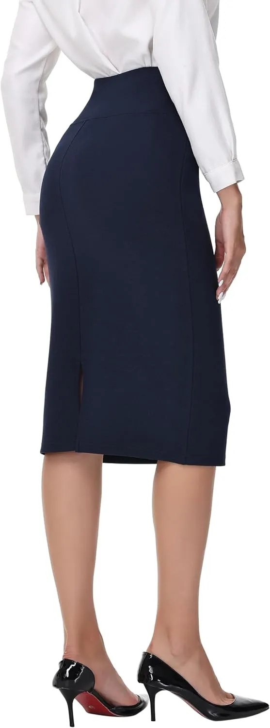 ZTN Skirts for Women Stretch High Waist Pencil Skirt Bodycon Business Skirt with Back Slit Below Knee